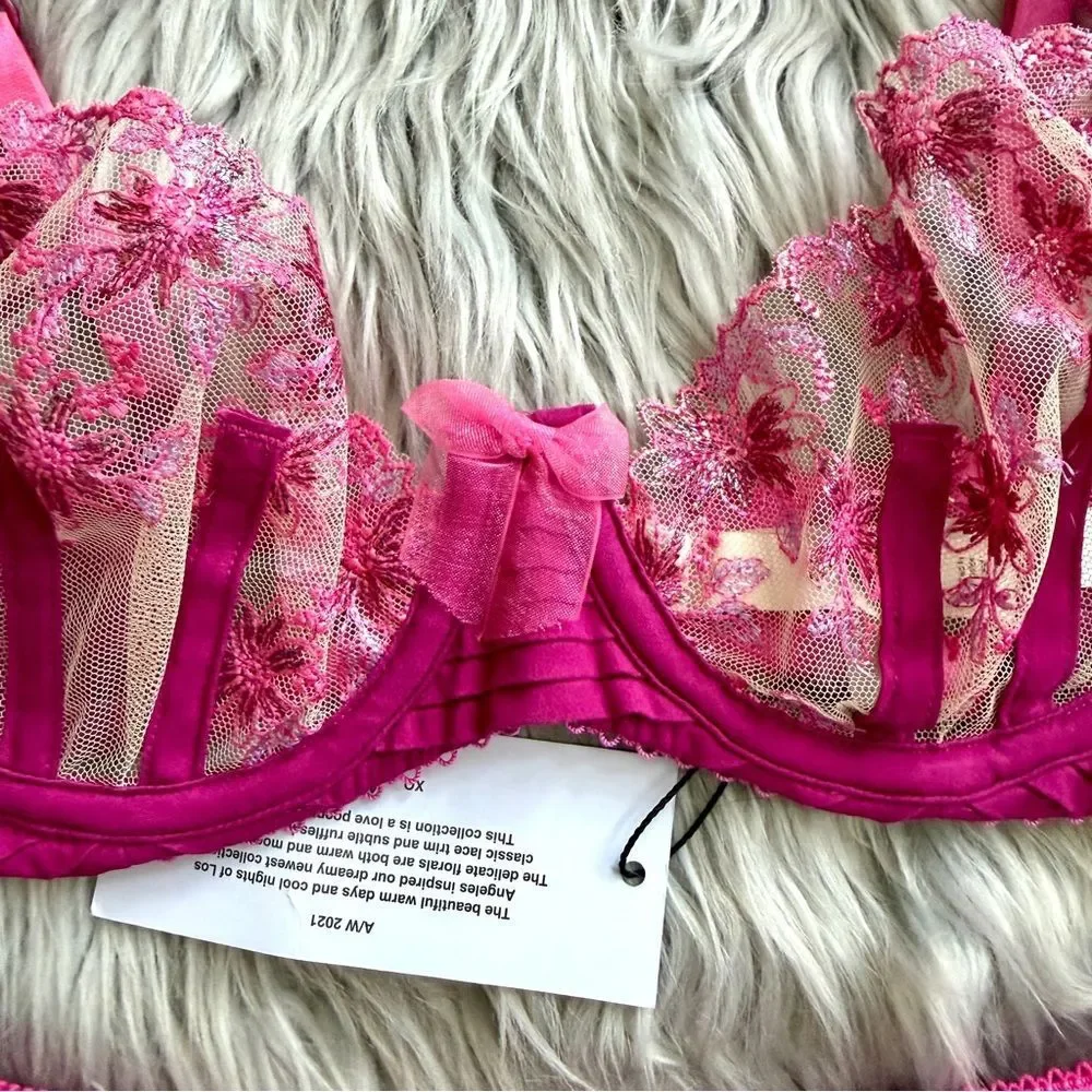 FOR LOVE & LEMONS Ophelie Bra + Matching Garter Belt Fuchsia XS NEW WITH TAGS